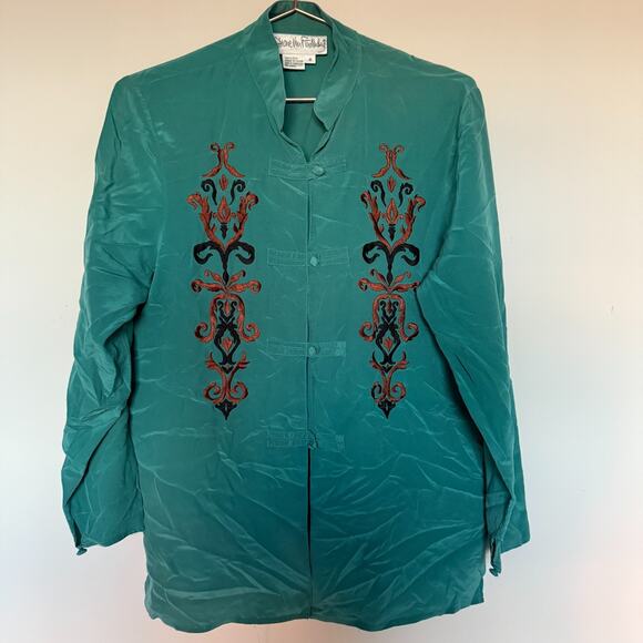 Diane Von Furstenberg 100% Silk Top Small Teal Embroidered VTG Asian Inspired - Picture 1 of 9